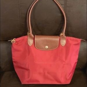 Red Longchamp Canvas & Leather Bag Purse Tote